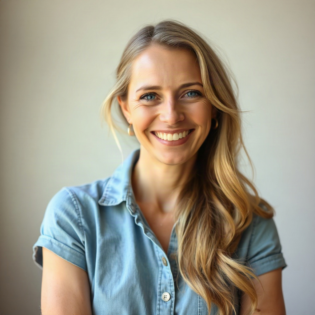 friendly smiling woman in her forties, natural portrait headshot, soft lighting