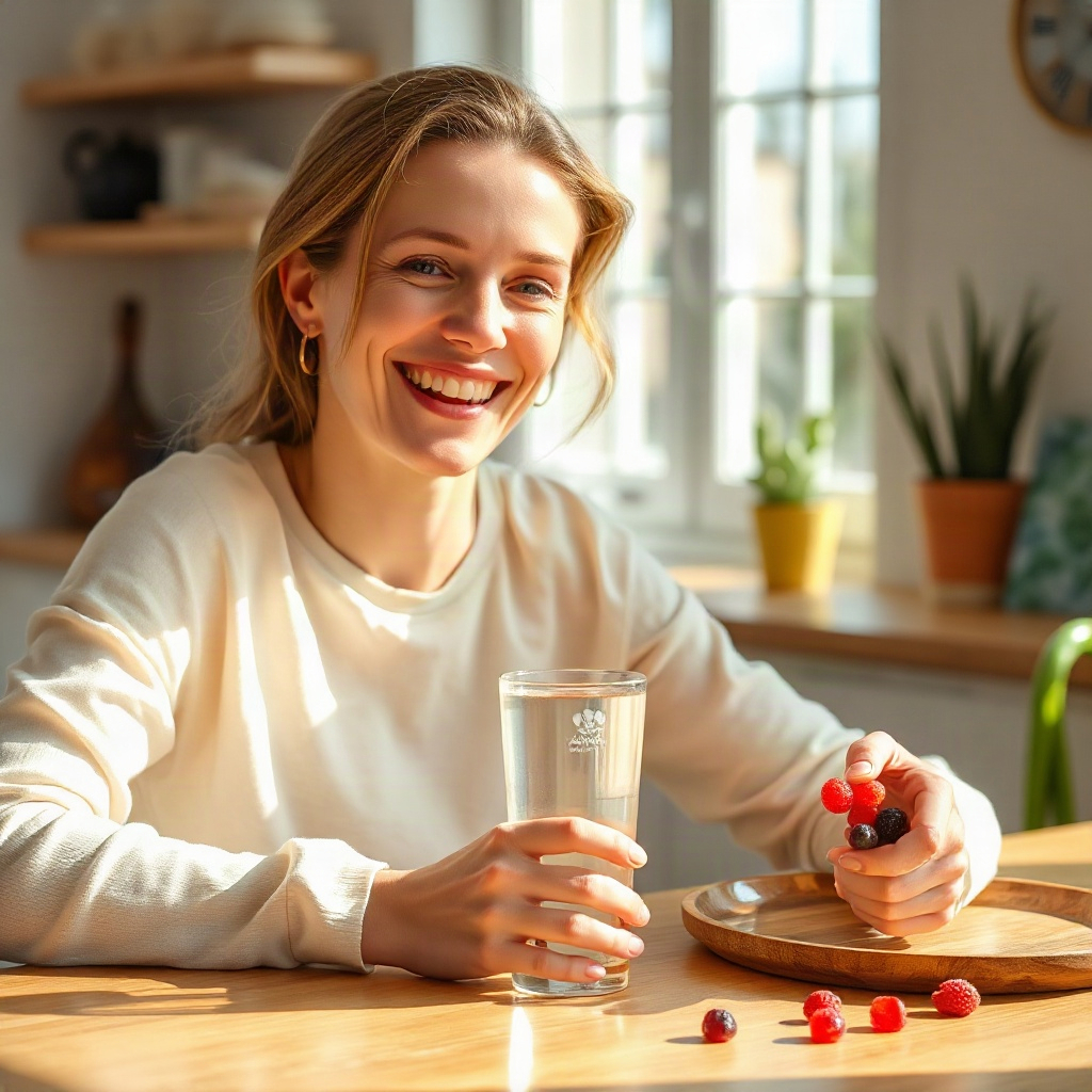 warm lifestyle photo of a person enjoying a glass of water and a berry gummy at a bright kitchen tab