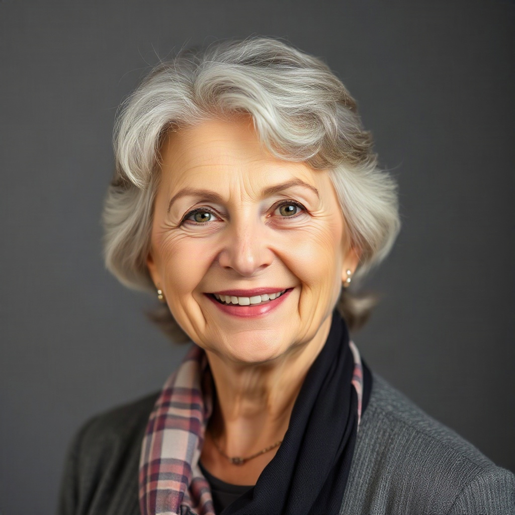 happy older woman portrait, neutral background, professional headshot