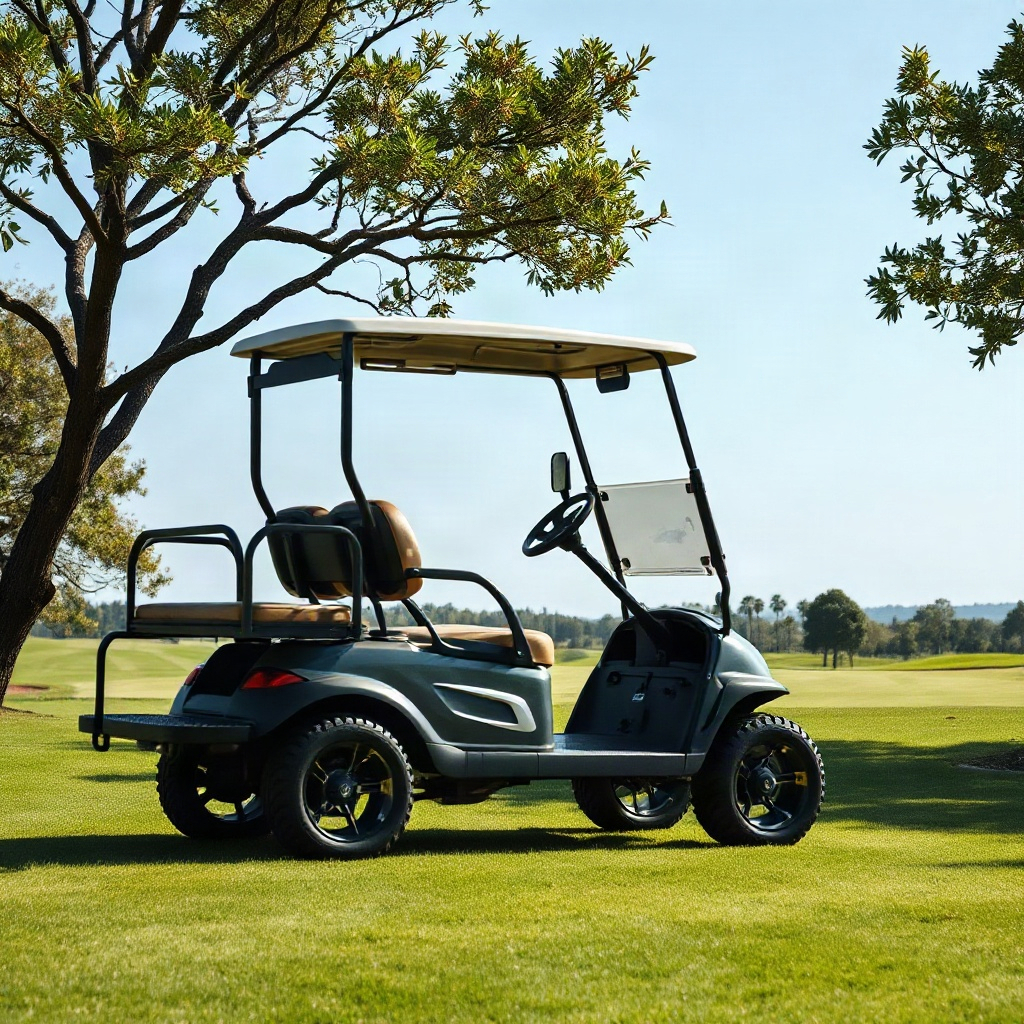 a modern luxury golf cart parked on a scenic fairway, minimalist composition