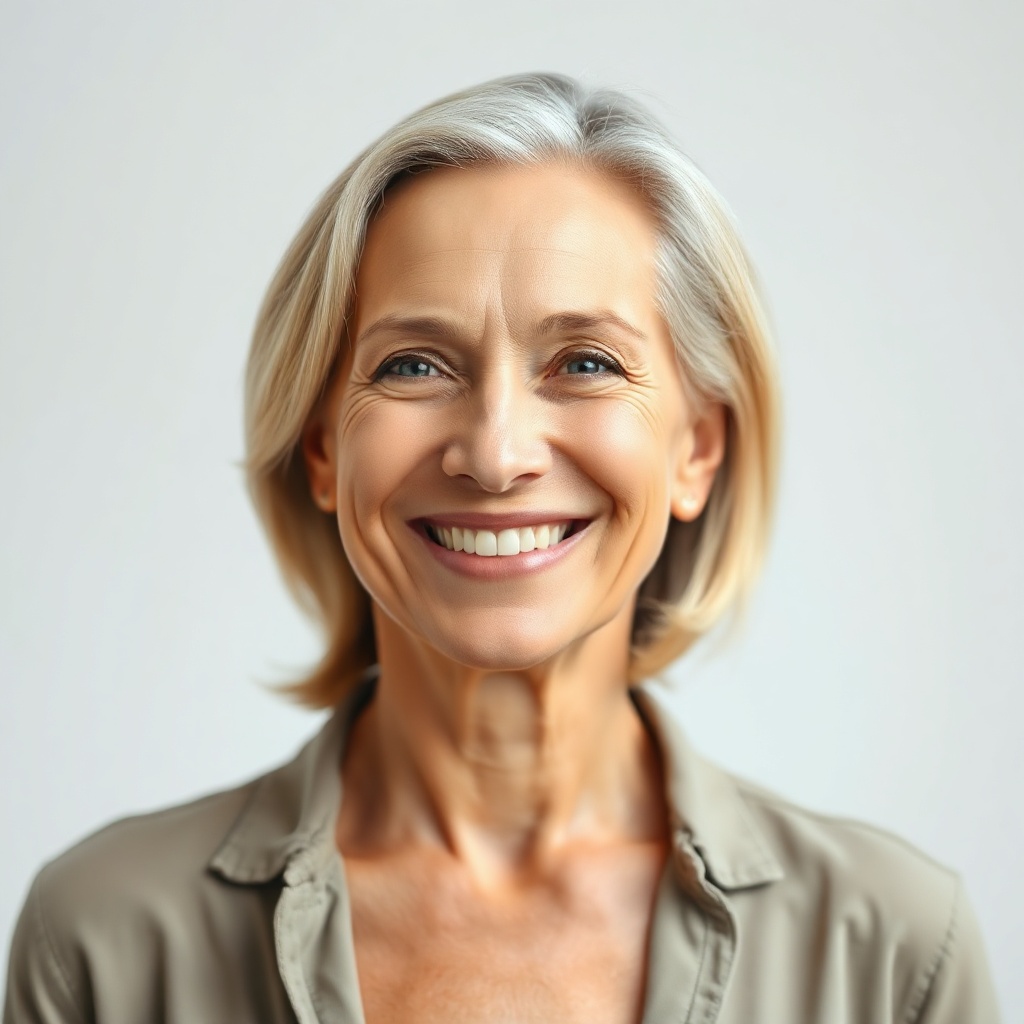 portrait of a smiling woman in her 40s, warm smile, without background