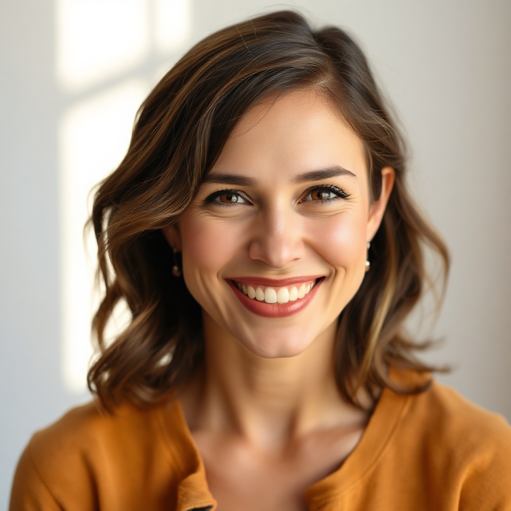 portrait of a smiling woman in her 30s, soft natural light, friendly expression, without background