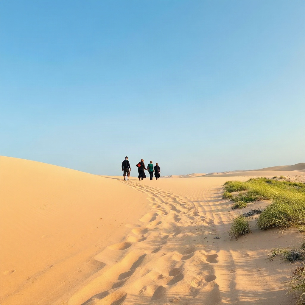 group of people trekking on a sandy trail