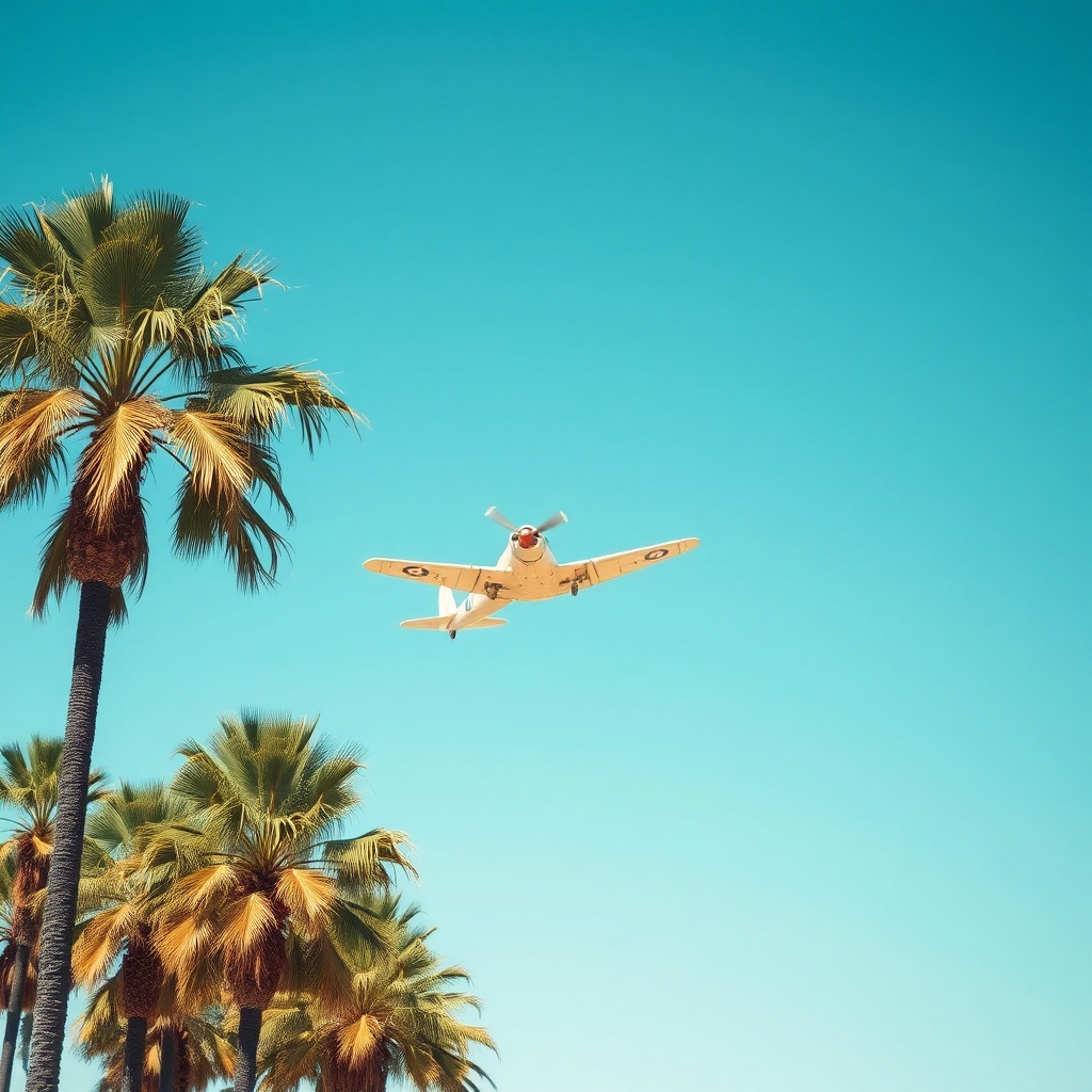 vintage airplane flying through palm trees against a clear blue sky, nostalgic aesthetic