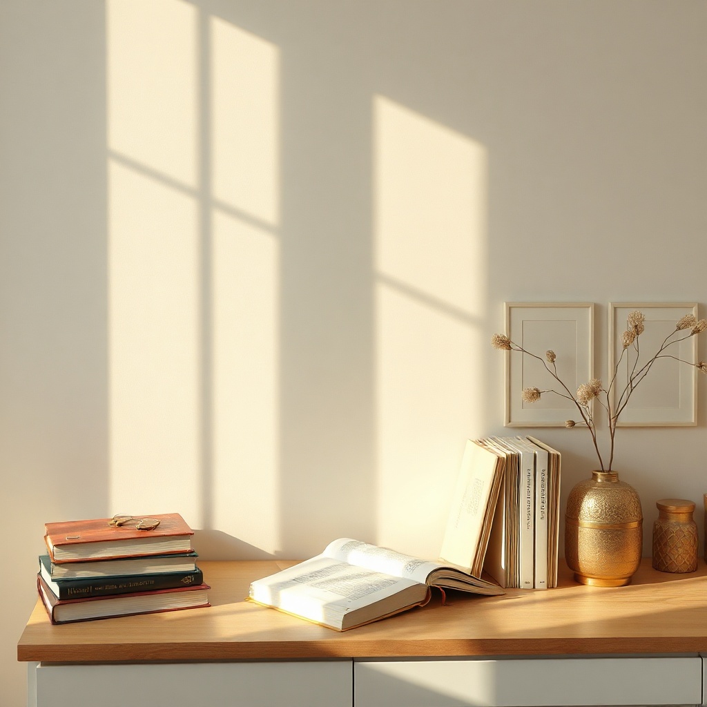 minimalist aesthetic study corner with books and soft light, peaceful mood, warm tones, editorial