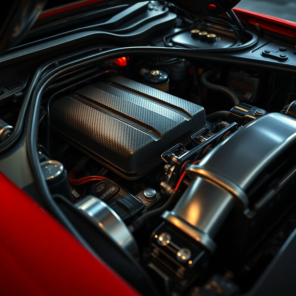 extreme close-up of a high-performance engine bay with exposed carbon fiber and polished metal, dram