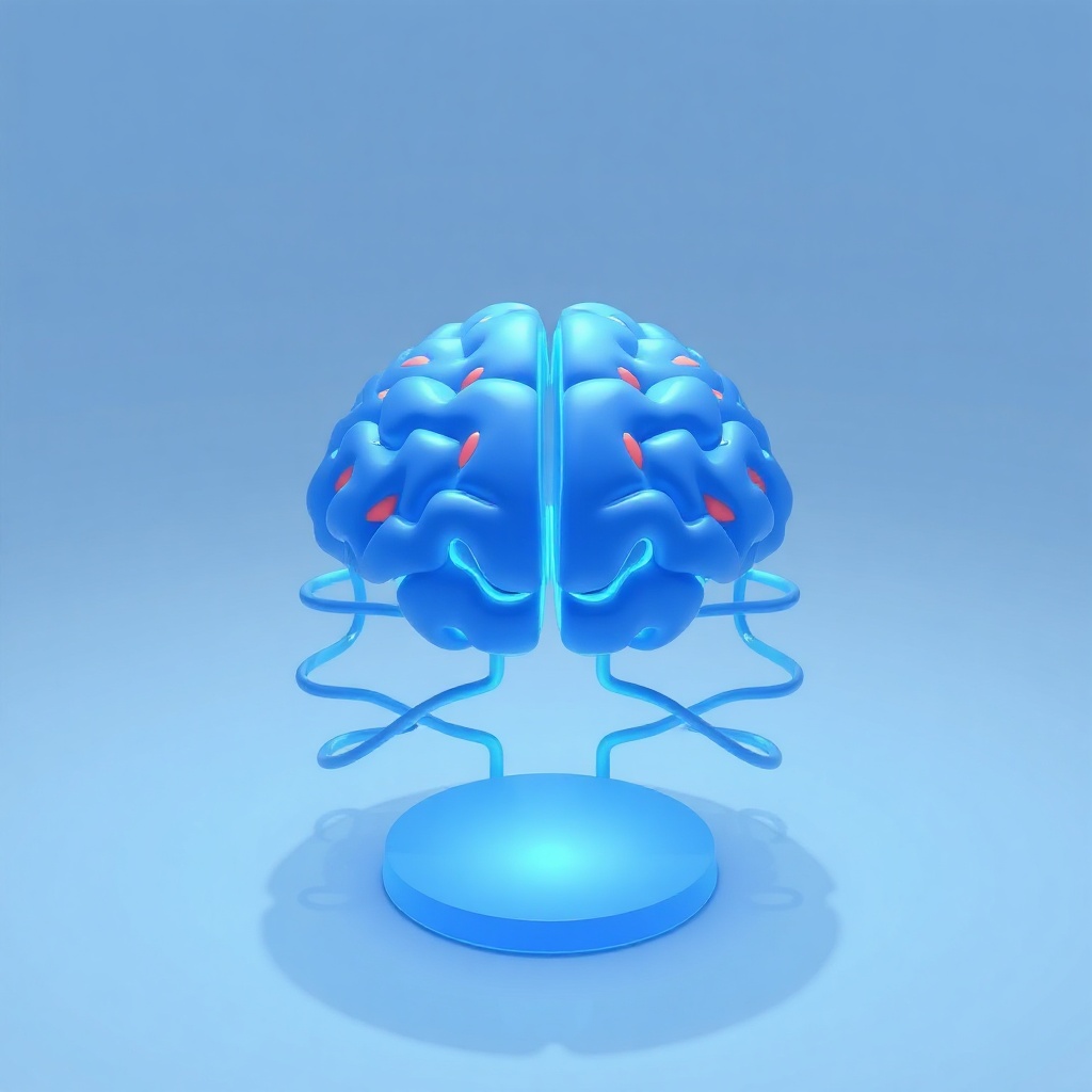 minimalist 3D icon of a glowing brain structure in soft blue, glassmorphism style