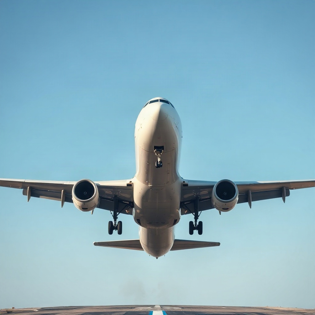 white commercial airplane taking off from airport runway, blue sky background, cinematic low angle