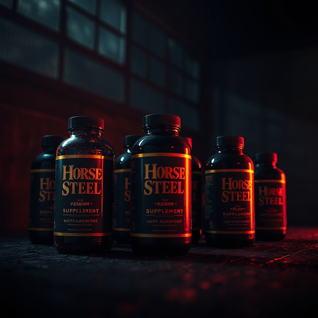 cinematic wide shot of multiple HorseSteel supplement bottles on a dark dramatic set with glowing re