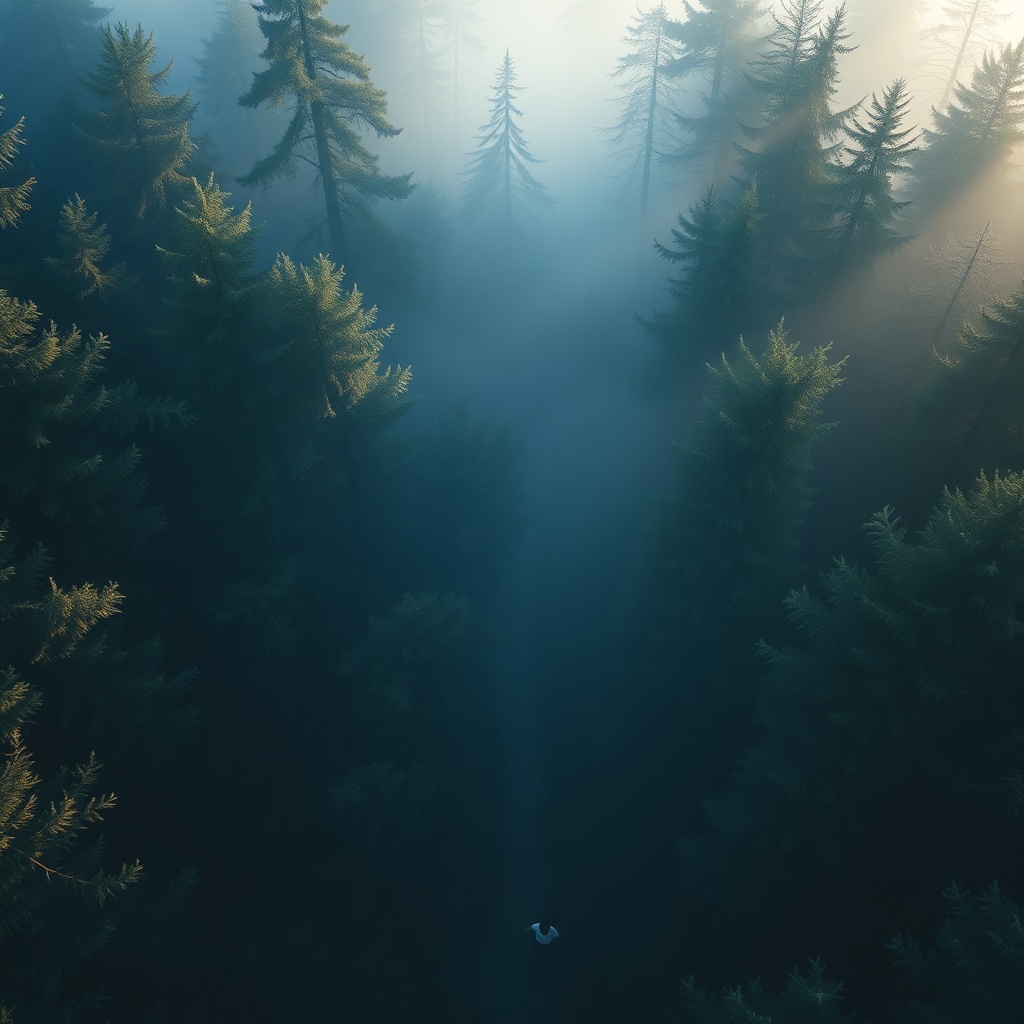 serene aerial view of a person walking in a bright misty forest at dawn, sense of clarity and mental