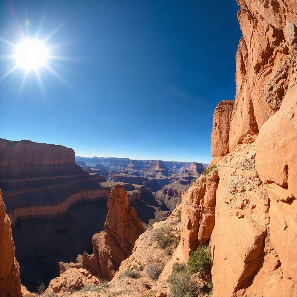 wide angle view of the Grand Canyon during daylight, bright blue sky, rugged orange rock formations
