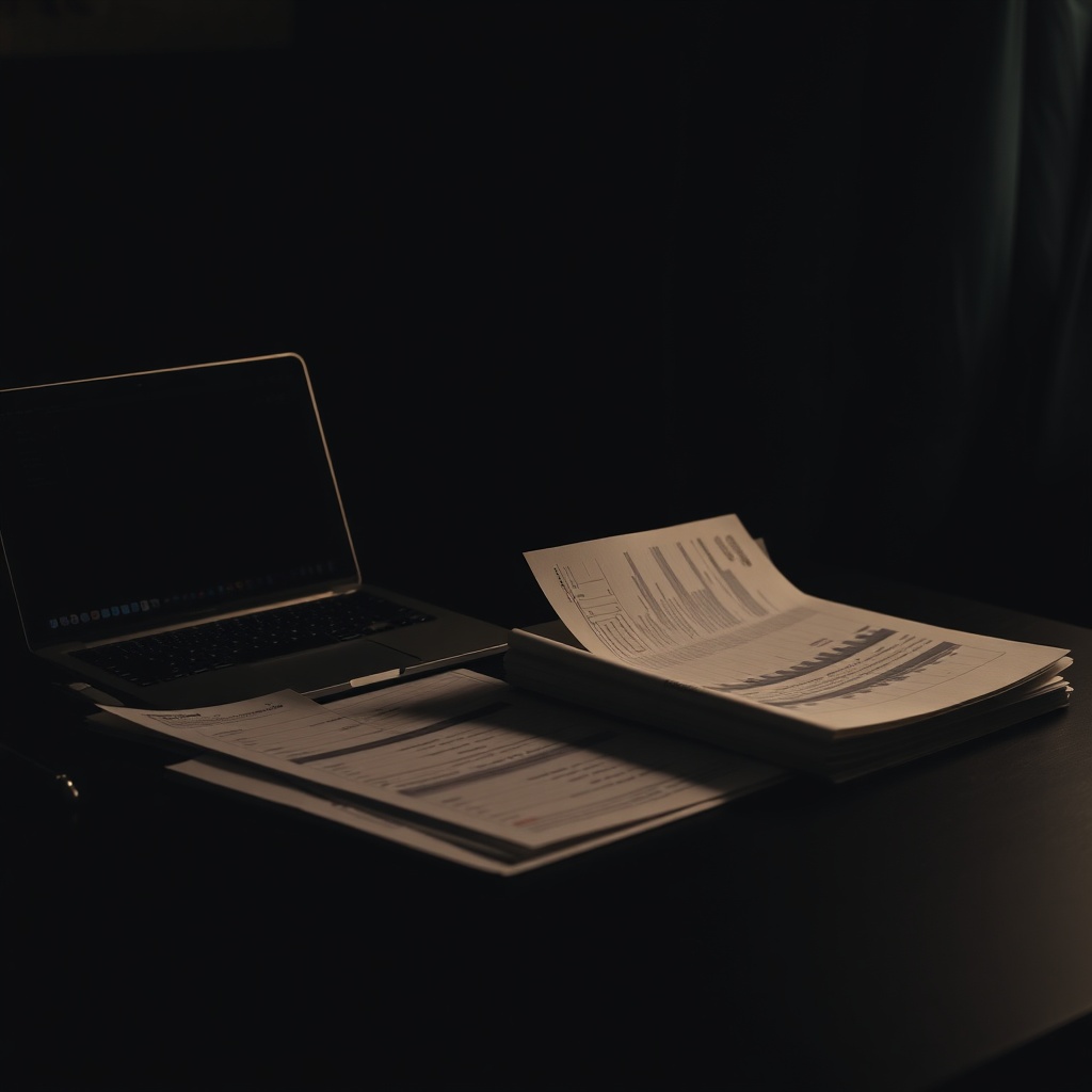 financial documents and laptop on dark desk, dramatic moody lighting, editorial photography
