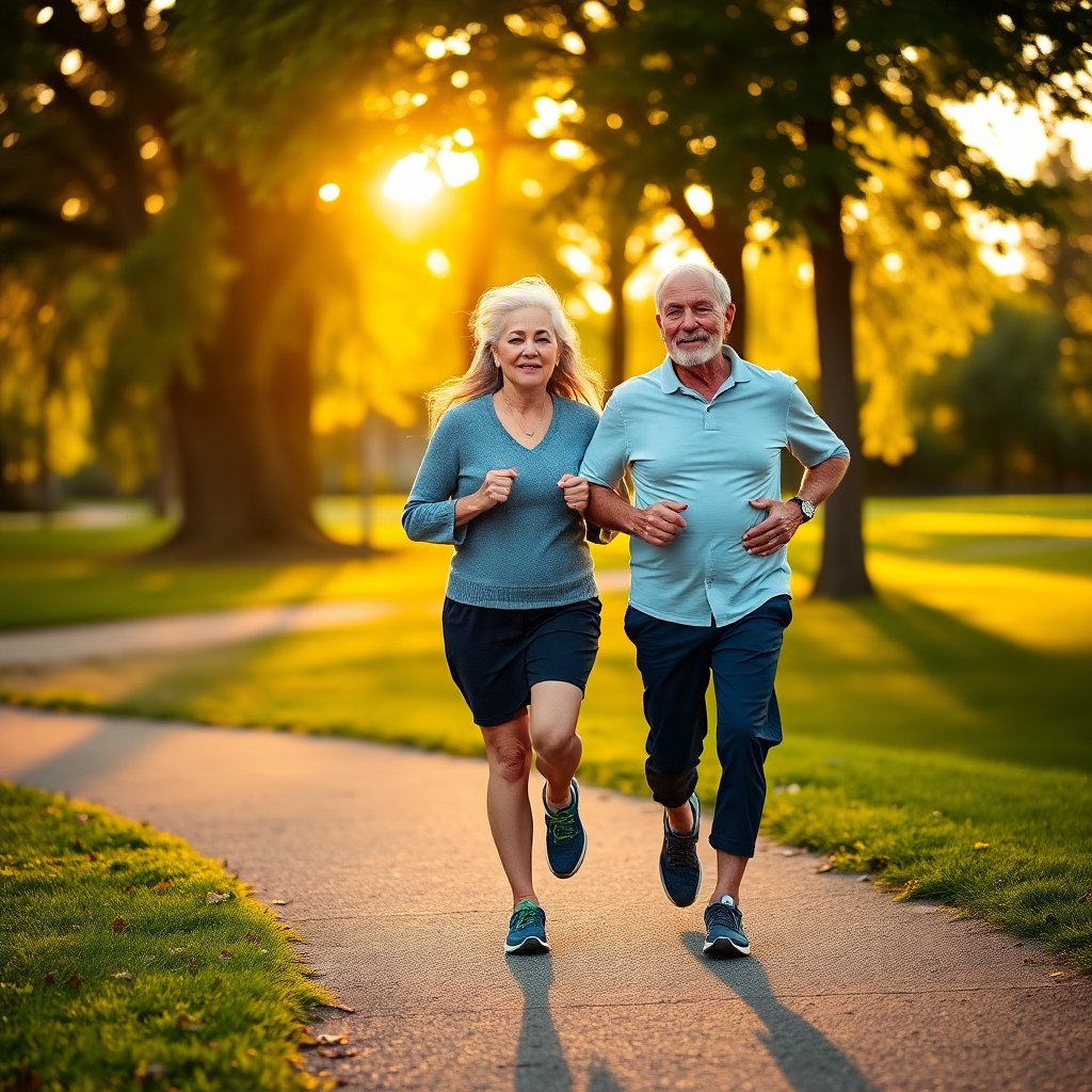 healthy senior couple jogging in a park, golden hour sunlight, active lifestyle, warm natural tones,