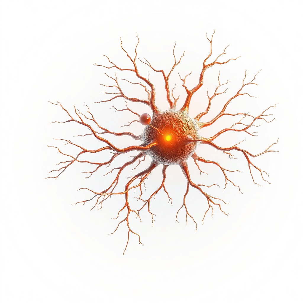 3D illustration of a singular neural cell with glowing synapses and branching dendrites, high resolu