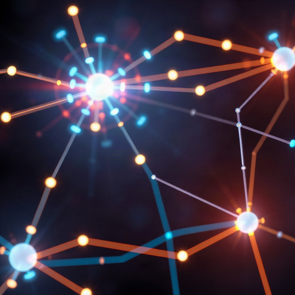abstract digital art showing interconnected data nodes, glowing neon lines on dark background
