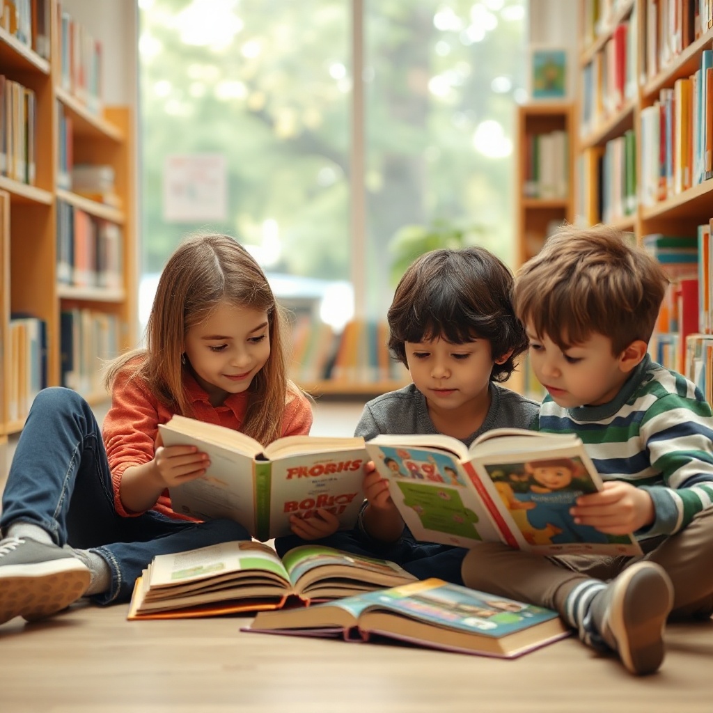 kids reading books together in a cozy library setting, educational blog post feature image