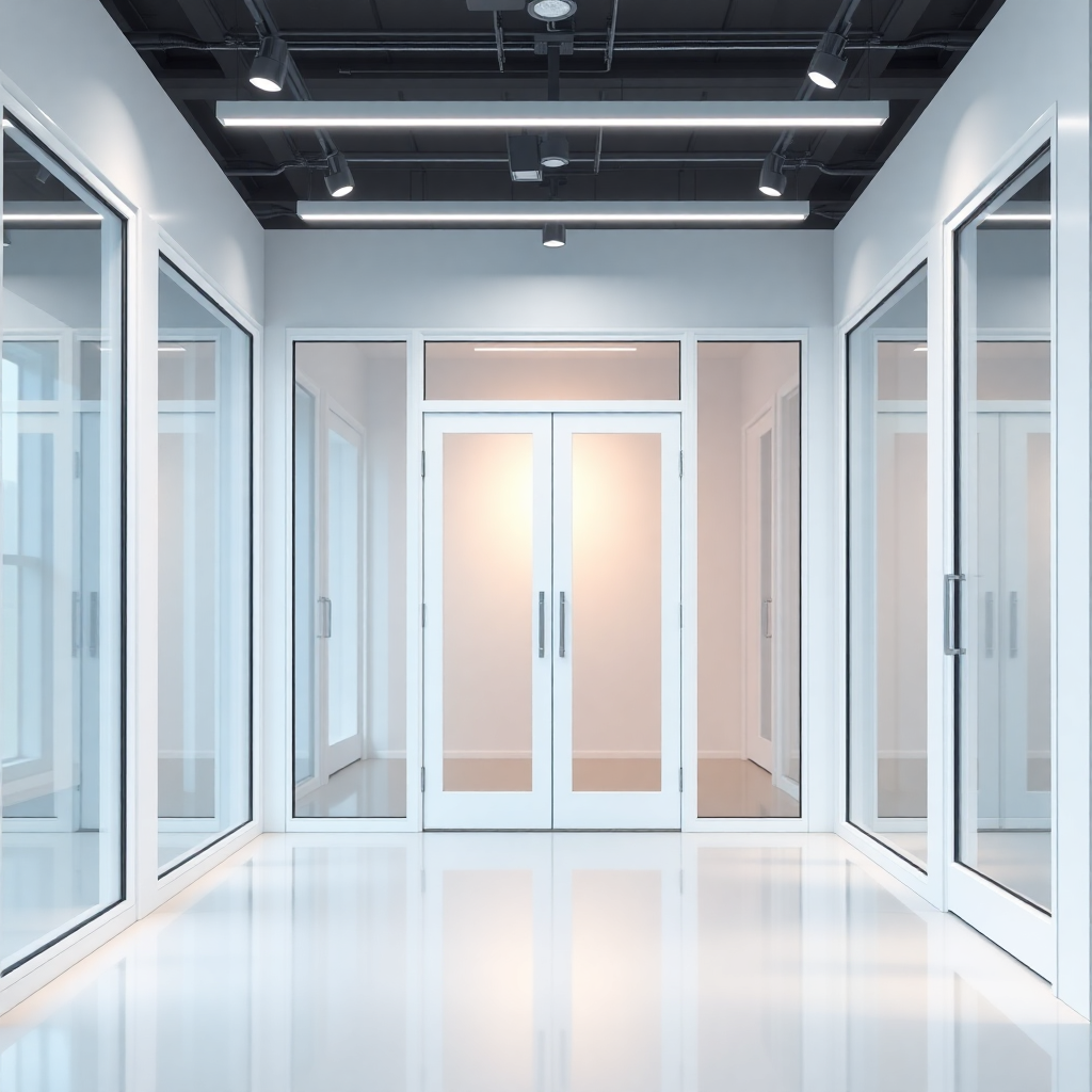 bright modern window and door showroom interior, white PVC frames on display, professional lighting,