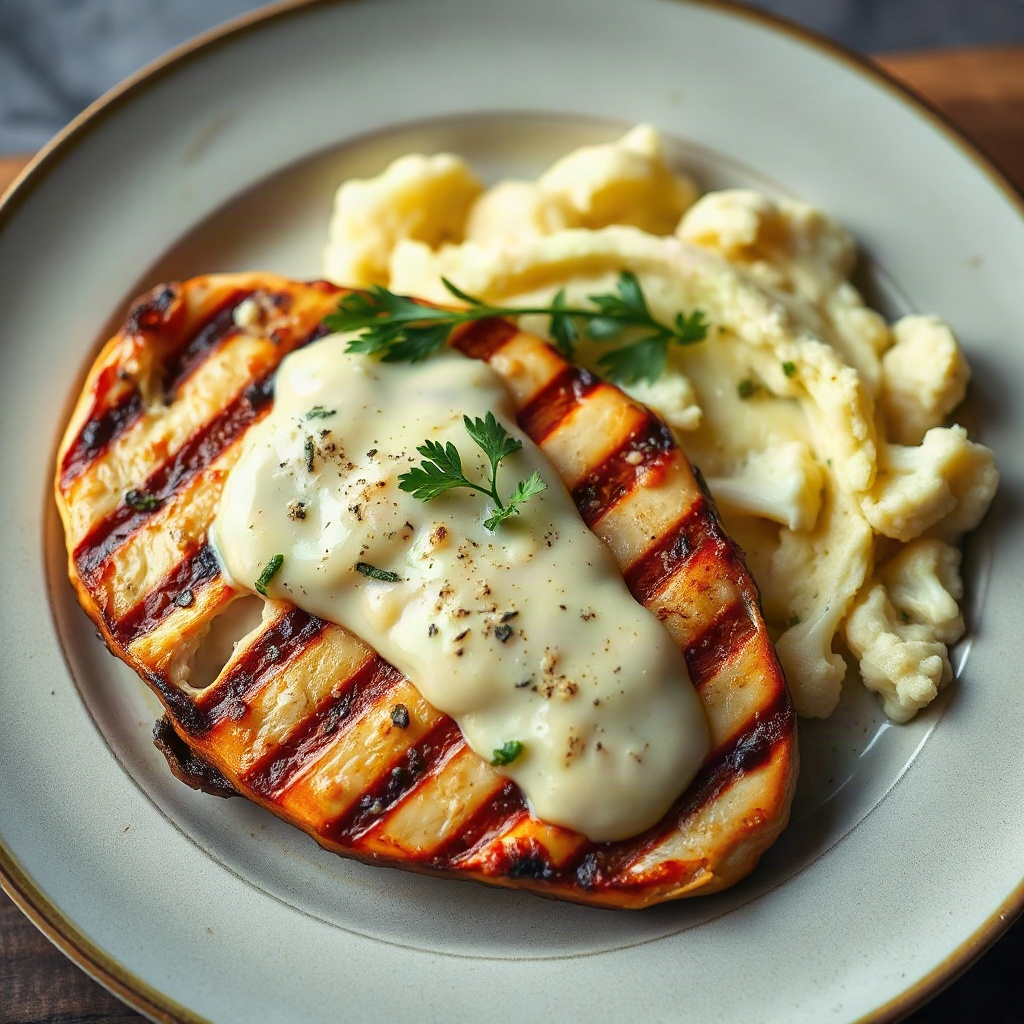 grilled chicken with creamy cauliflower mash and buttery herbs on a ceramic plate, warm editorial li