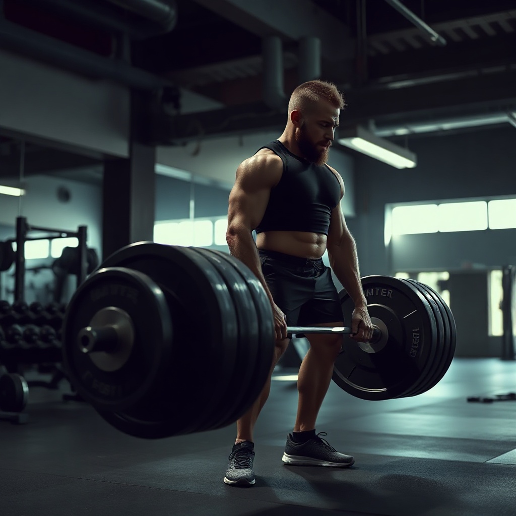 athlete doing deadlift with heavy weights, gym setting, moody dark lighting, cinematic strength trai
