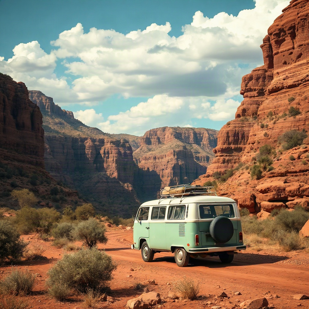 vintage van driving through a desert canyon landscape, tanzania