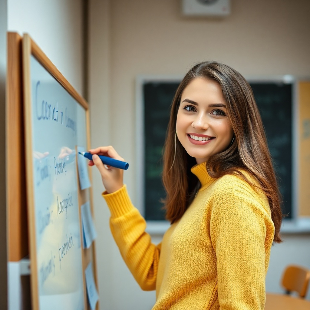 smiling female teacher writing on a whiteboard, yellow sweater, classroom setting