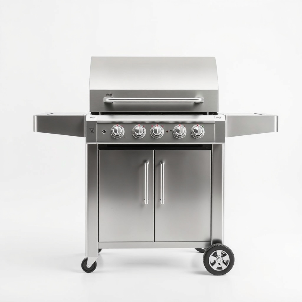 premium stainless steel BBQ grill, product photography, white studio background, sharp detail, Europ