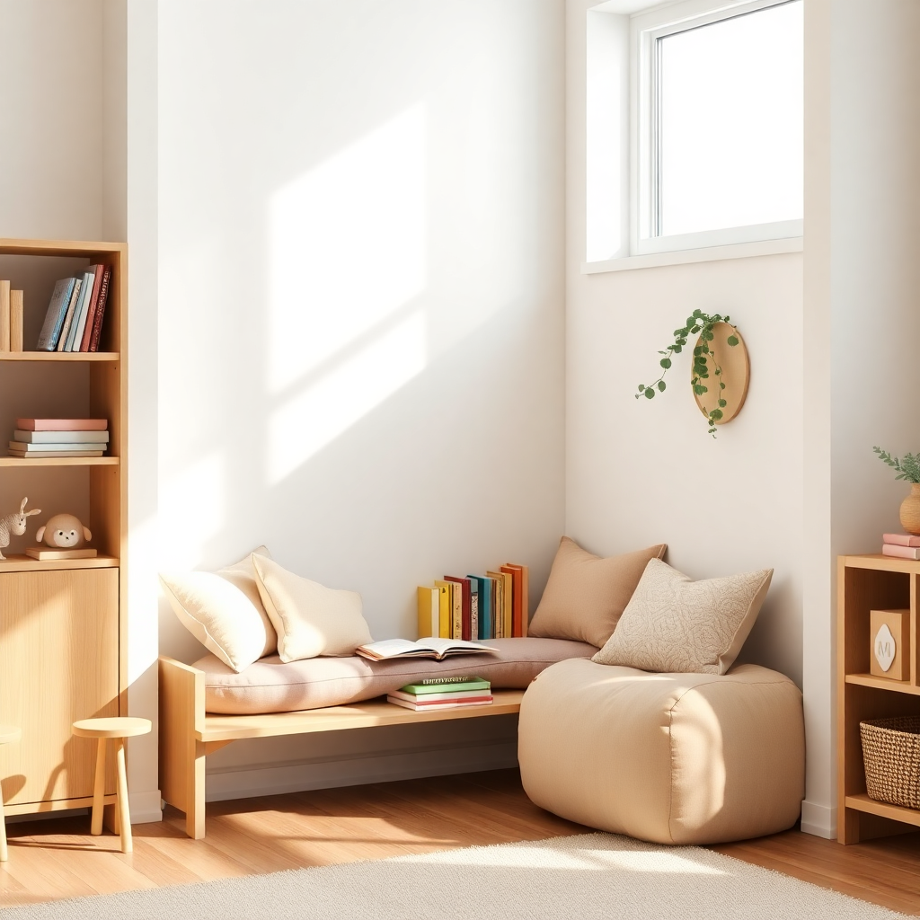 cozy reading nook corner in daycare, low wooden bookshelf, pastel cushions, natural light, Scandinav
