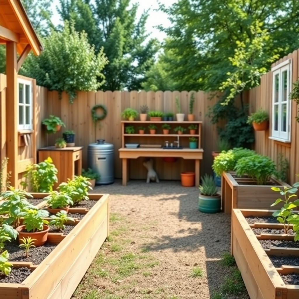bright Scandinavian daycare outdoor garden, wooden mud kitchen, children herb beds, morning light, c