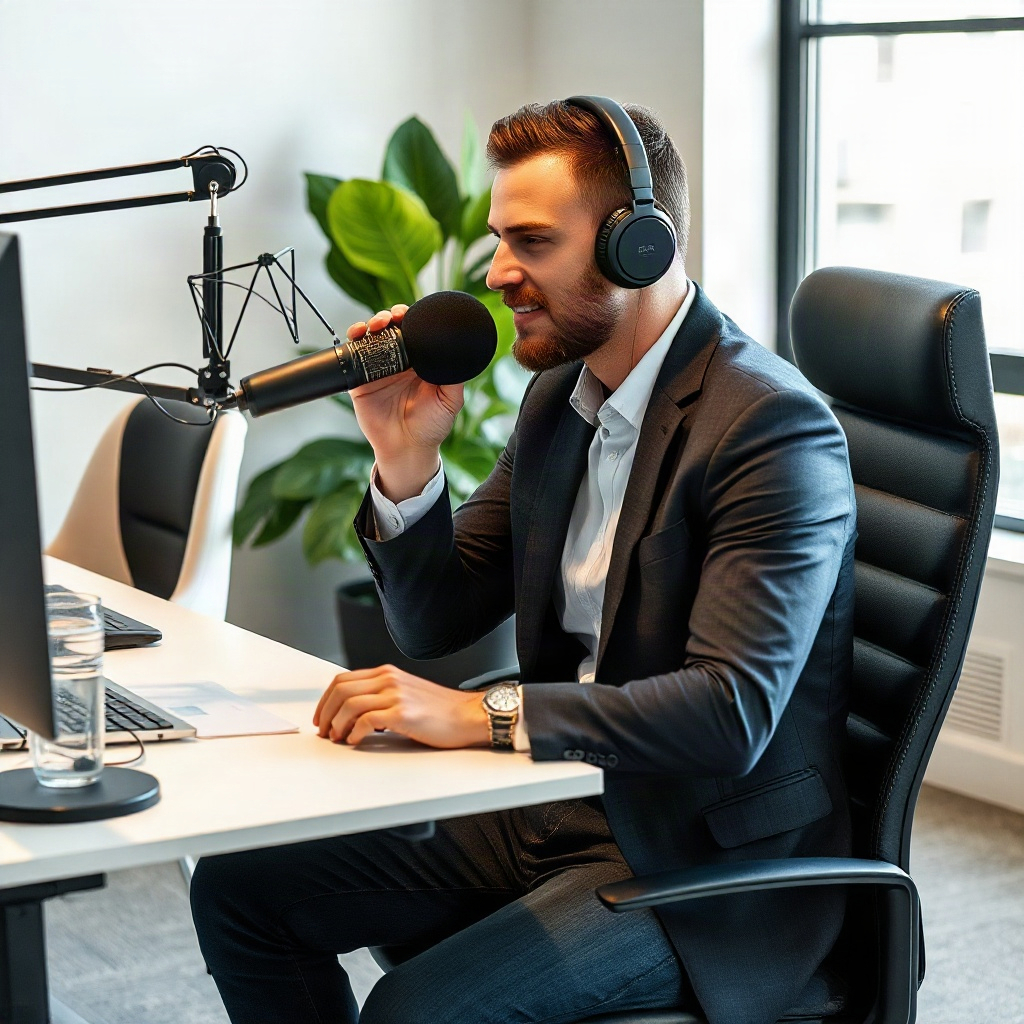 man listening to podcast in professional office setting, clean minimalist design