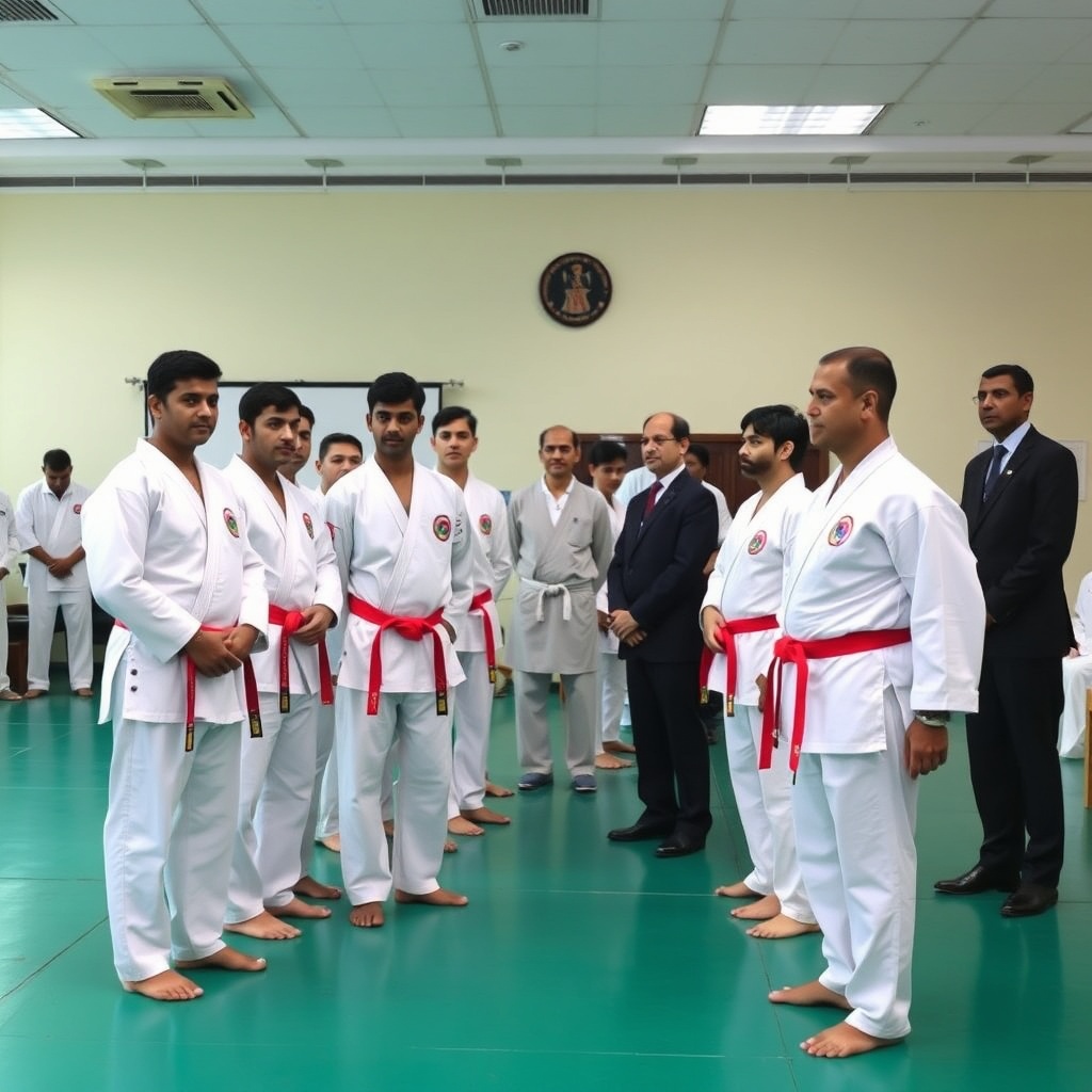 karate black belt examination ceremony hall India participants lined up formal