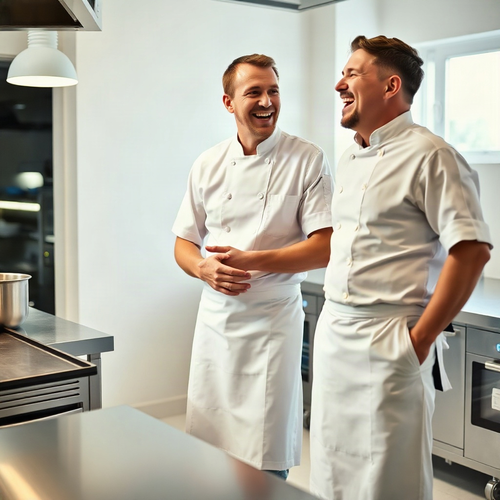 candid shot of two professional chefs in white aprons laughing in a clean modern kitchen with stainl
