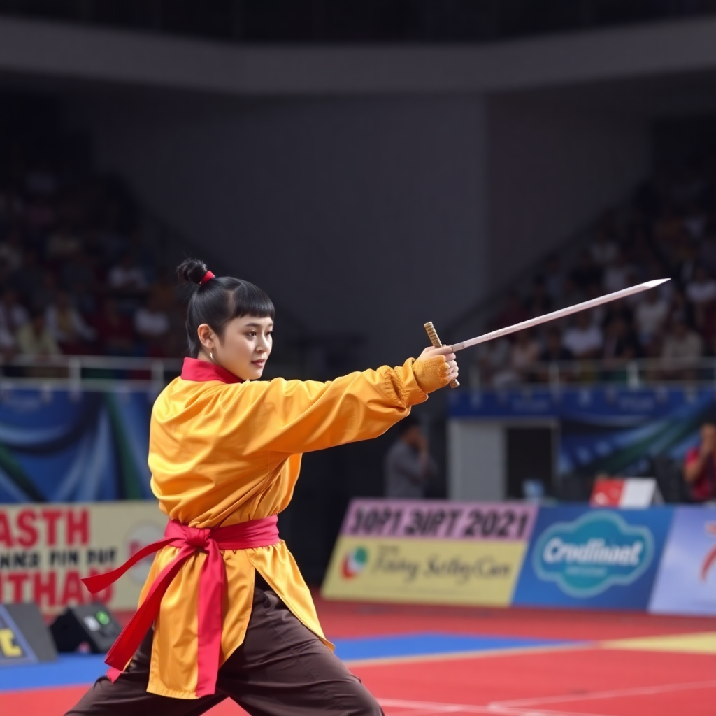 wushu sword competition athlete action pose state championship Gujarat arena
