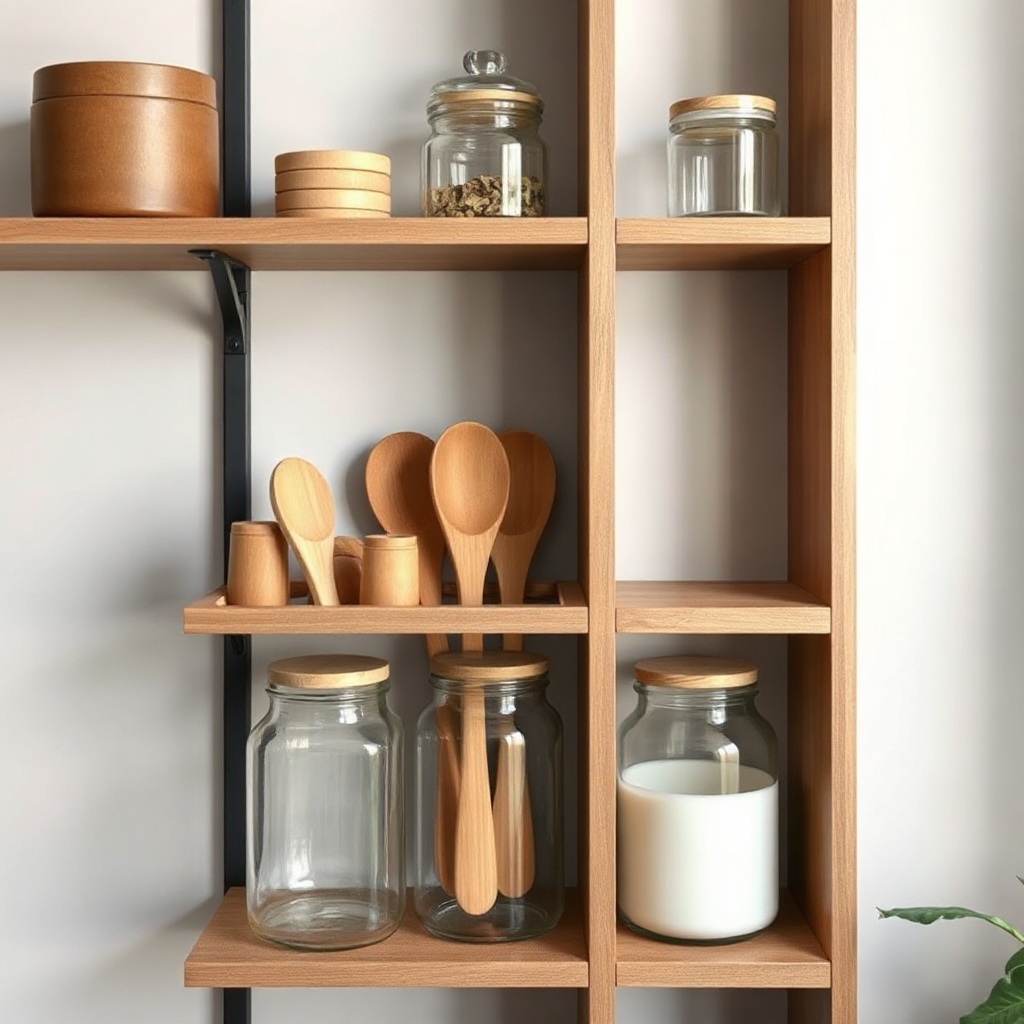 minimalist shelf with eco-friendly glass jars and wooden utensils