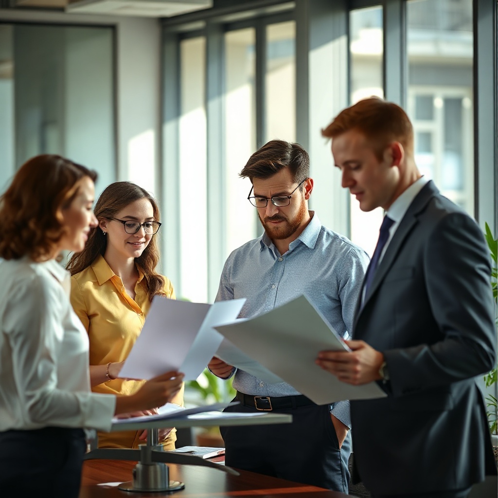 diverse team reviewing reports in a light-filled office