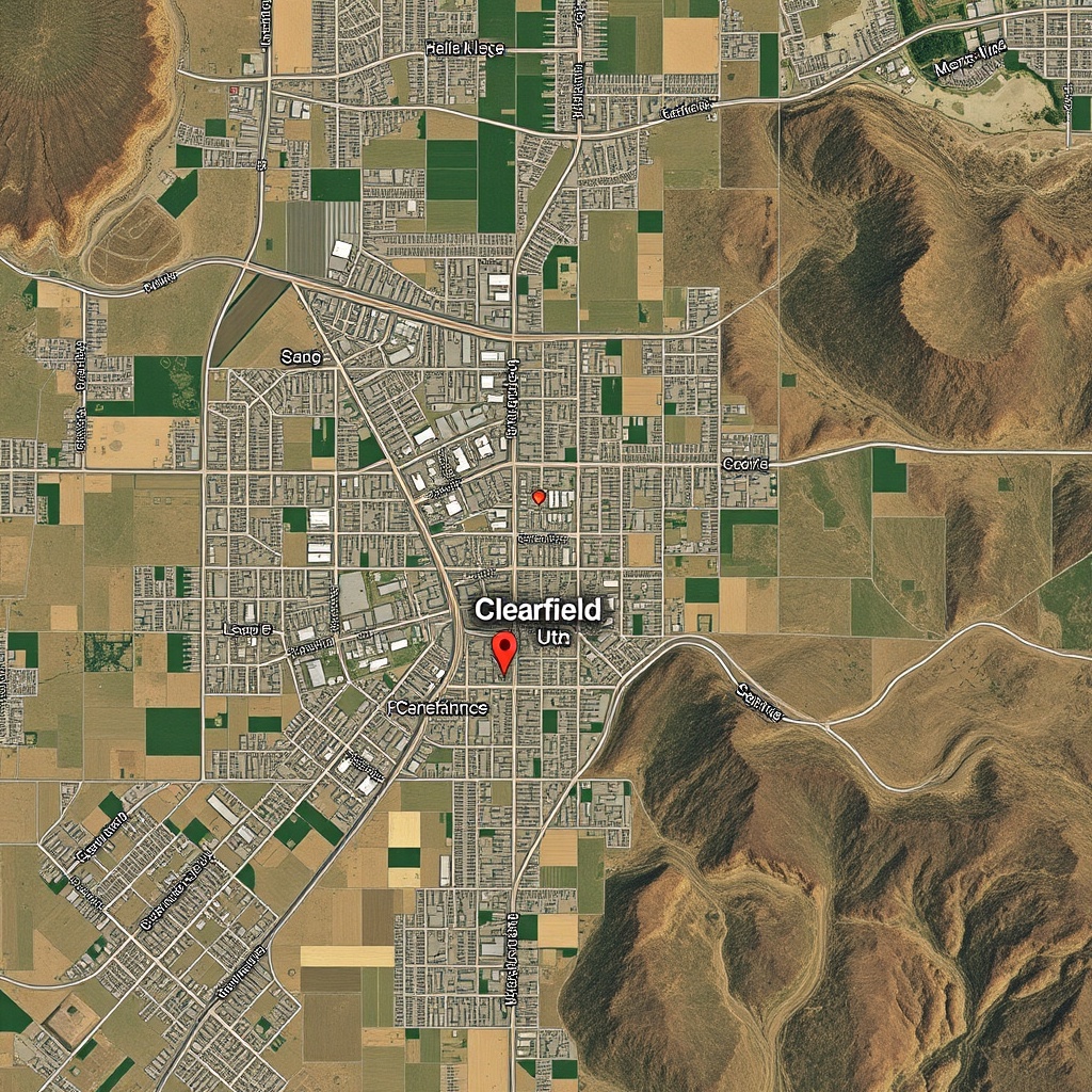 google maps satellite view of Clearfield Utah neighborhood aerial view, map style