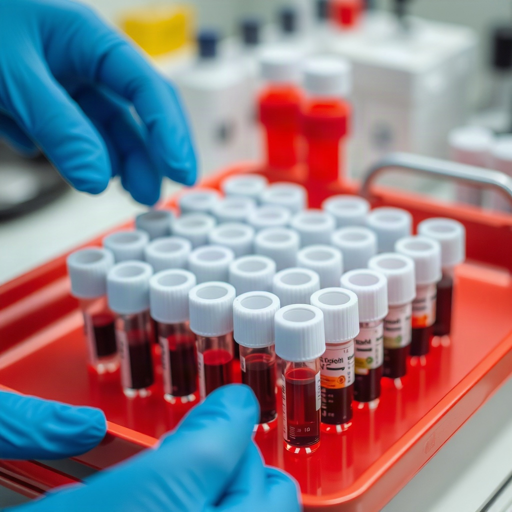 medical blood test vials on tray, clinical laboratory photography