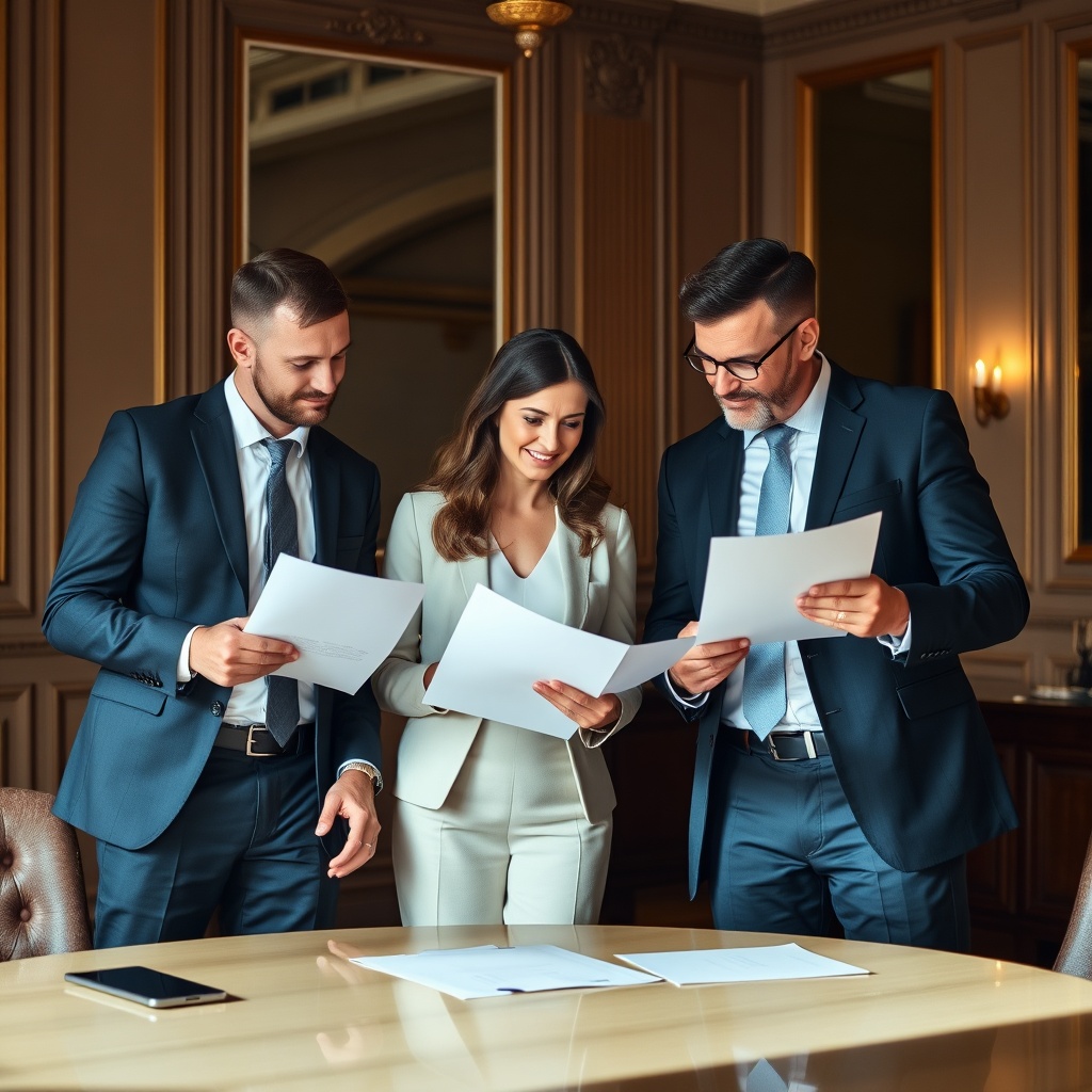 professional accountant team in elegant Warsaw office, formal attire, discussing documents, warm lig