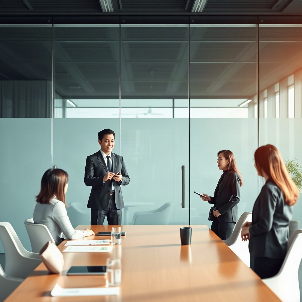 Lãnh đạo doanh nghiệp Việt Nam điều hành cuộc họp trong văn phòng hiện đại
