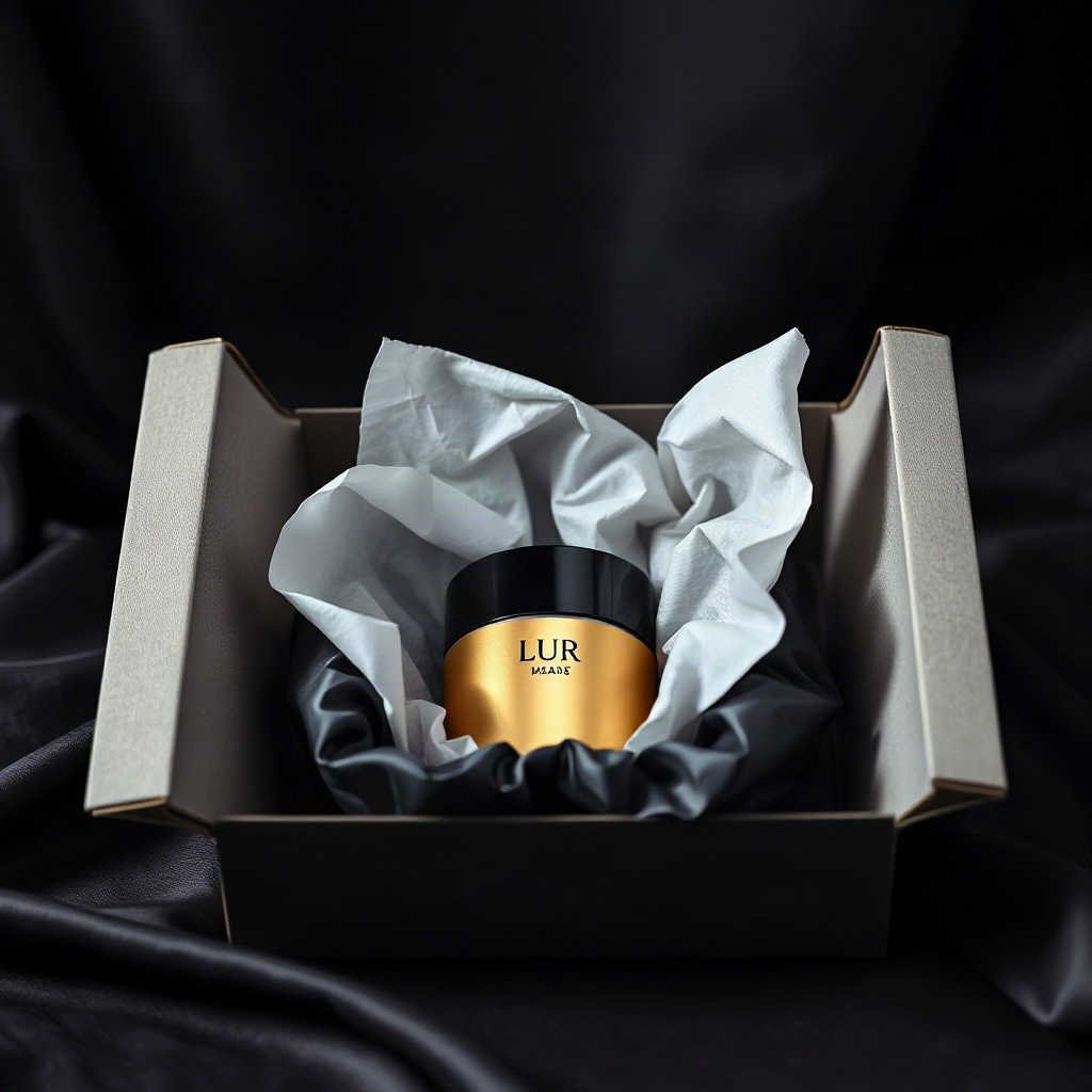 premium editorial still life, LUR Box open showing folded tissue and a single elegant gold-accented 