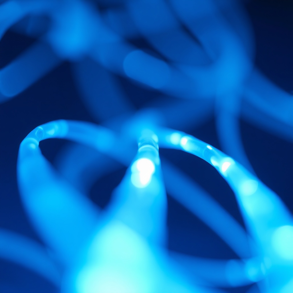 abstract macro shot of fiber optic cables glowing blue, representing high-speed data transmission, t