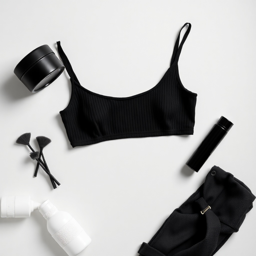 black ribbed crop top minimal fashion flatlay, studio lighting, monochrome product photography