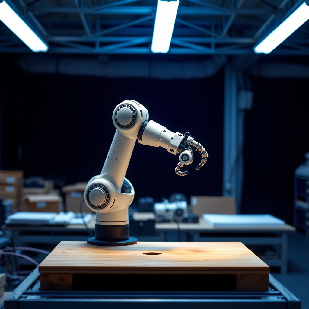 Robot arm moving precisely in a workshop, blue ambient light, dark background