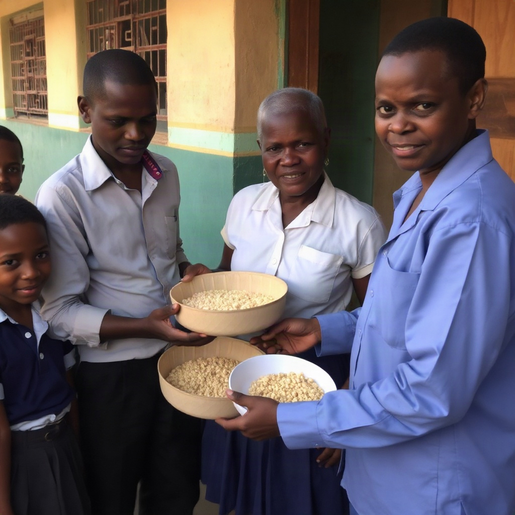 distribution of fortified cereal at a rural school, organized and community-focused