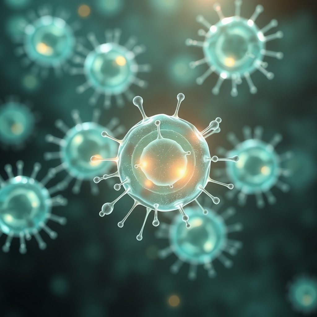 scientific illustration of healthy cells glowing with balanced energy, soft teal and white medical visualization