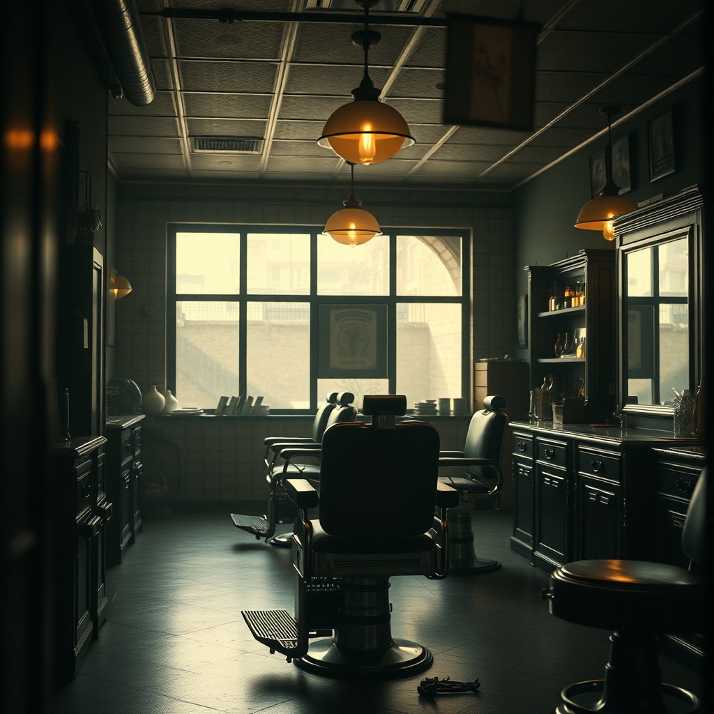 cinematic portrait of a barber shop interior with vintage chairs, moody lighting, high-end editorial