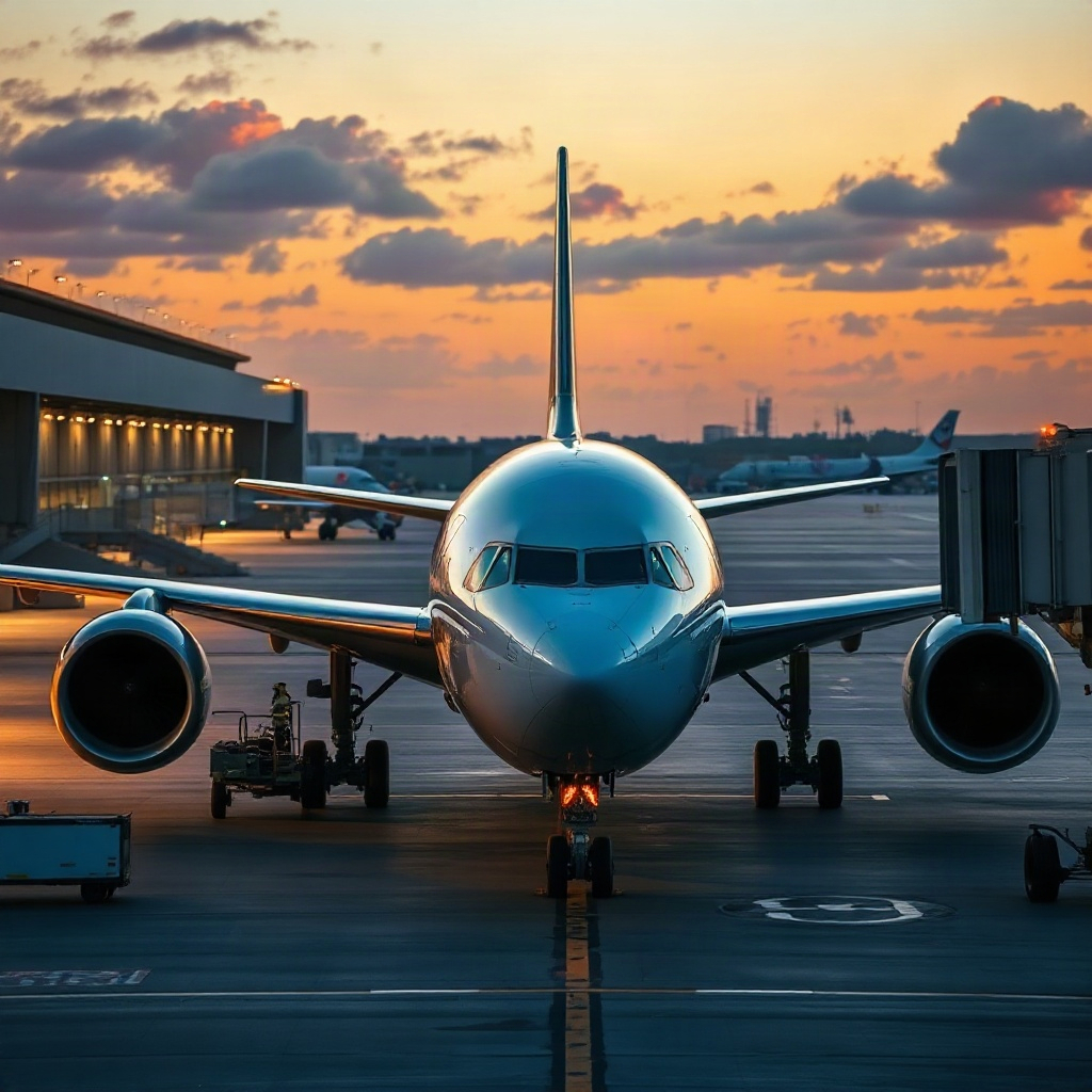 large wide-body commercial jet at airport terminal gate, ground crew activity, golden hour lighting