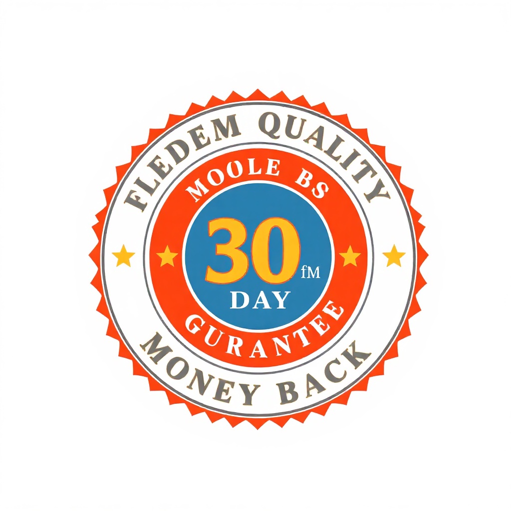 30 day money back guarantee seal badge, circular design, red orange and gold colors, premium quality