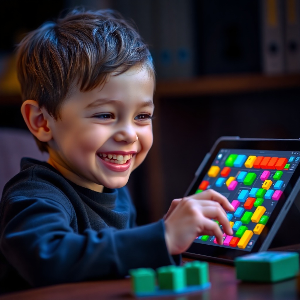 Child smiling while coding on a tablet with colorful block-based interface, dark cinematic background