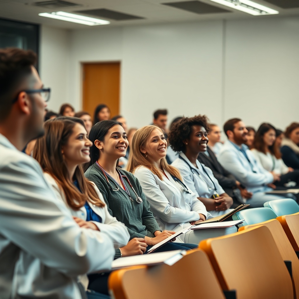 medical students sitting in a bright modern university lecture hall listening to a professor