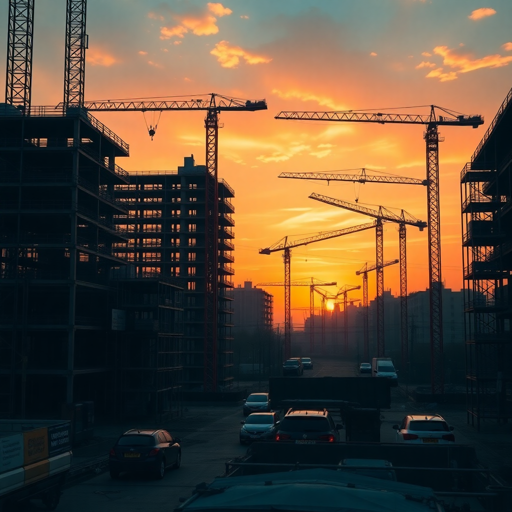 construction site at dawn with cranes and scaffolding, professional photography, warm dramatic light